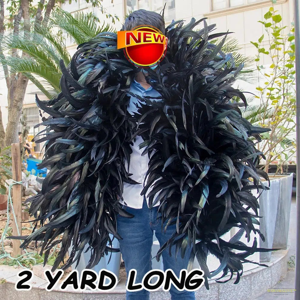 Black 2/3 Yard Natural Rooster Tail Feathers Boa Trim Chicken Plumes Scarf for Christmas Carnival Party Dress Clothing Shawl