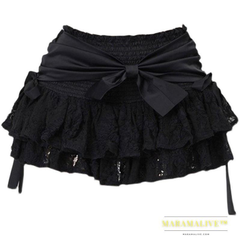 Black A-line Skirt Bow Lace Fluffy Skirt