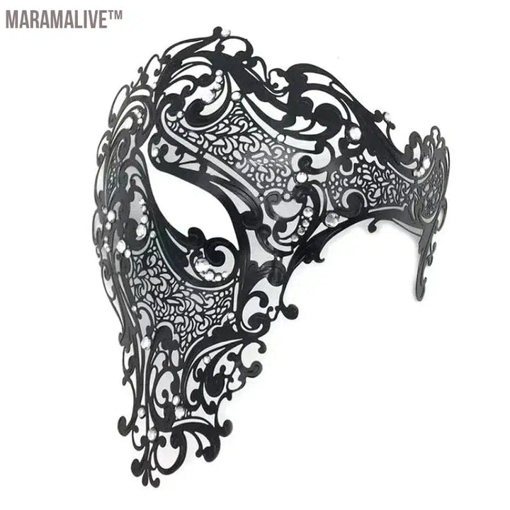 Black Gold Skull Metal Mask Halloween Rhinestone Half Face Venetian Masquerade Men White Women Skull Filigree Party Mask