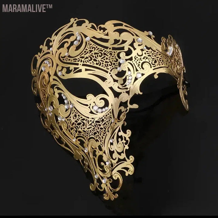 Black Gold Skull Metal Mask Halloween Rhinestone Half Face Venetian Masquerade Men White Women Skull Filigree Party Mask