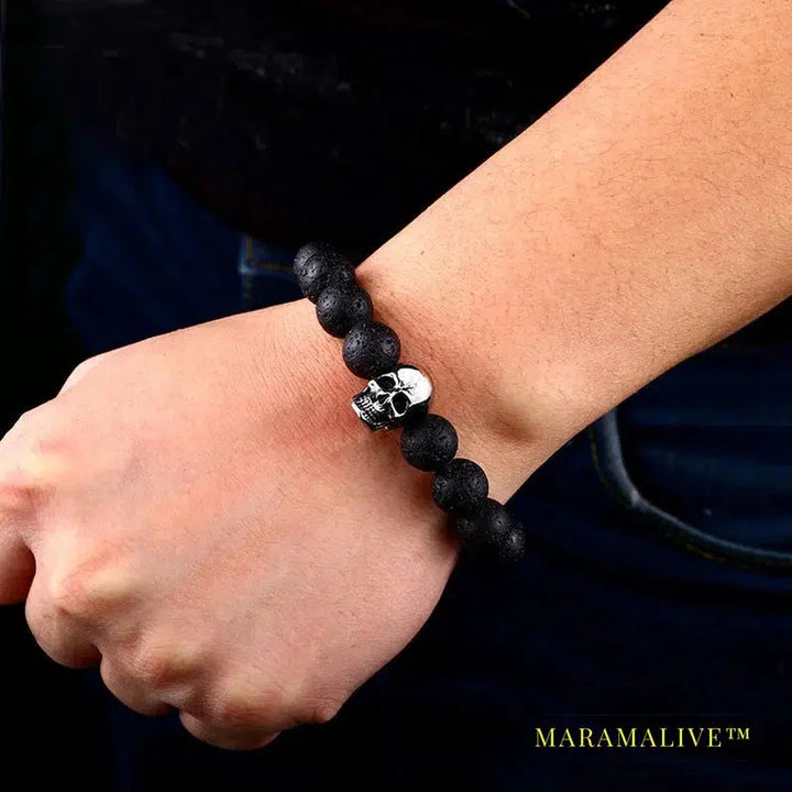 Black Lava Stone men Jewelry natural stones skull Charm bracelet bangle Punk rock jewelry