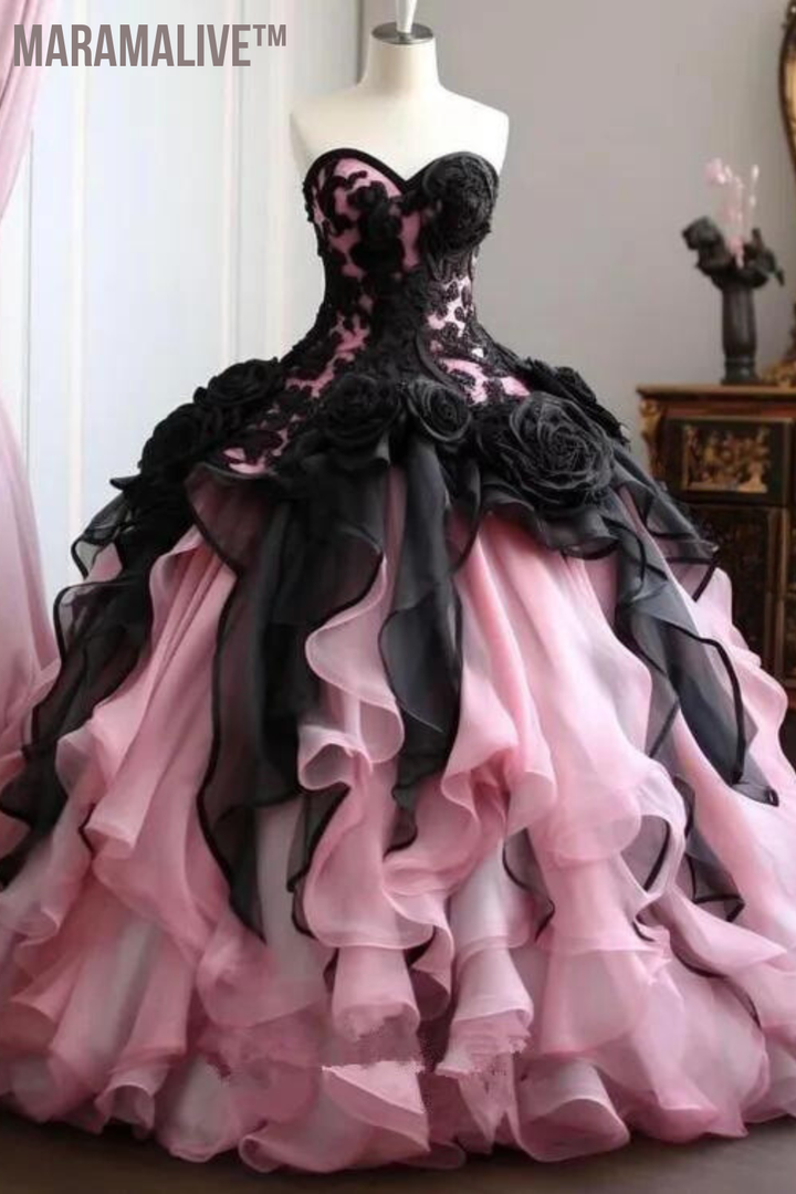 Black Princess Fairy Prom Dresses Sweetheart Corset Lace-up Rose Floral Applique Evening Gown Masquerade Costume