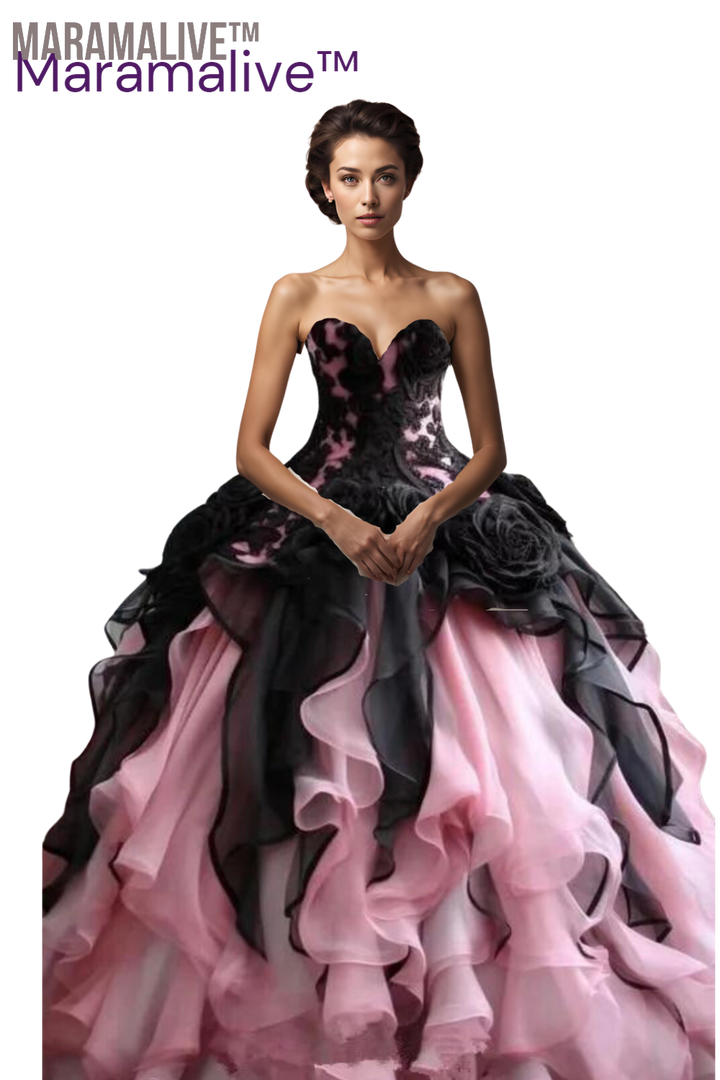 Black Princess Fairy Prom Dresses Sweetheart Corset Lace-up Rose Floral Applique Evening Gown Masquerade Costume