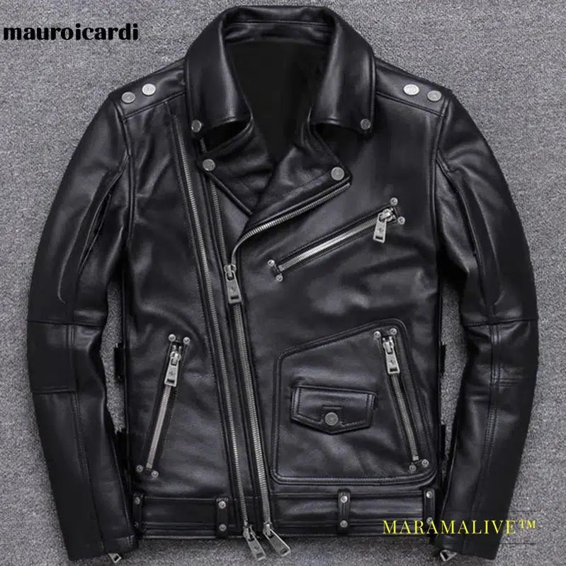 Black Pu Leather Motorcycle Jacket for Men Style Long Sleeve Zipper Pockets Mens Leather Jackets and Coats