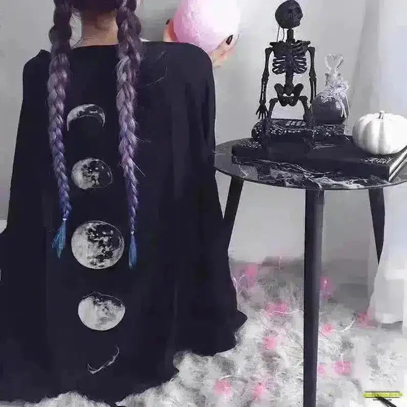 Black Retro Moon Print Goth Jacket Ladies Autumn-Winter Loose V-Neck Tassel Cloak - A Fusion of Dark, Spooky, and Dynamic Style