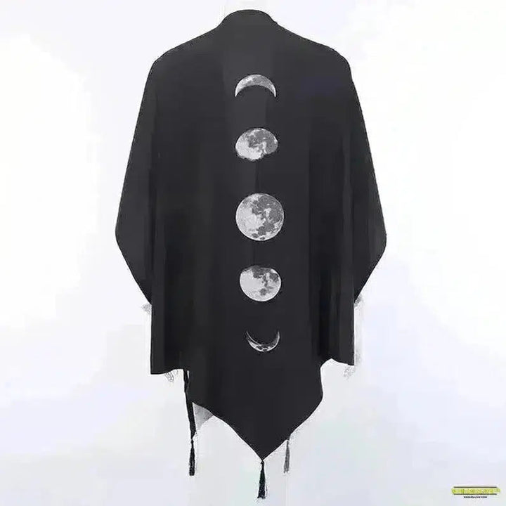 Black Retro Moon Print Goth Jacket Ladies Autumn-Winter Loose V-Neck Tassel Cloak - A Fusion of Dark, Spooky, and Dynamic Style