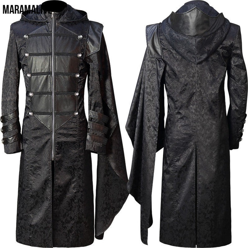 Black Stand Collar Leather Punk Gothic Cape Coat