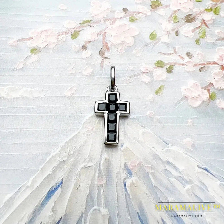 Black Stone Cross Pendant Brand New Fine Jewelry Classic Accessories 925 Sterling Silver Gift For Women