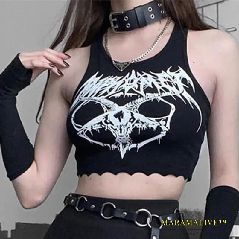 Black Tank Tops For Women Knitted Grunge Punk Goth Goat Head Print Vest Y2k Clothes Crop Top Summer Sexy Sleeveless O-neck Tanks