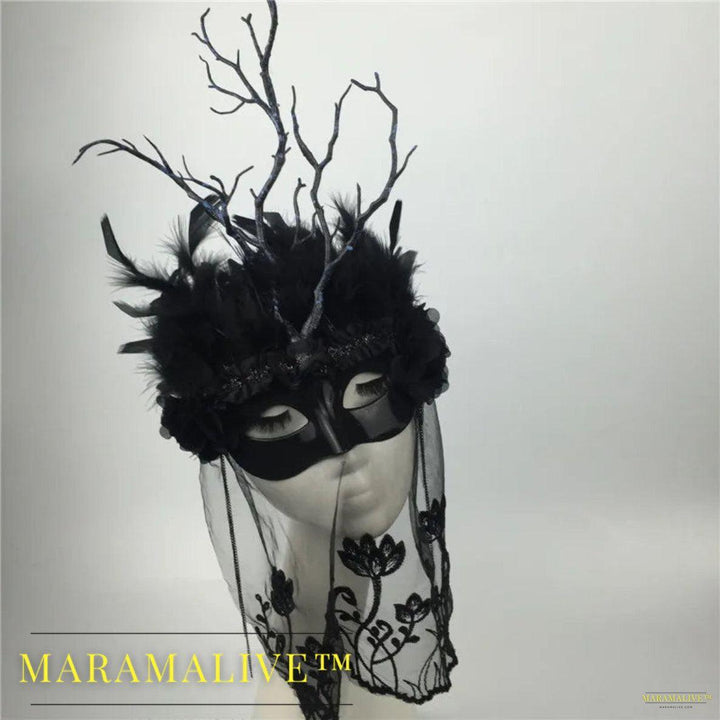 Black White Color Feather Girl Mask Branches Feather Headwear Party Cosplay Model Catwalk Makeup Props Accessories Face Veil