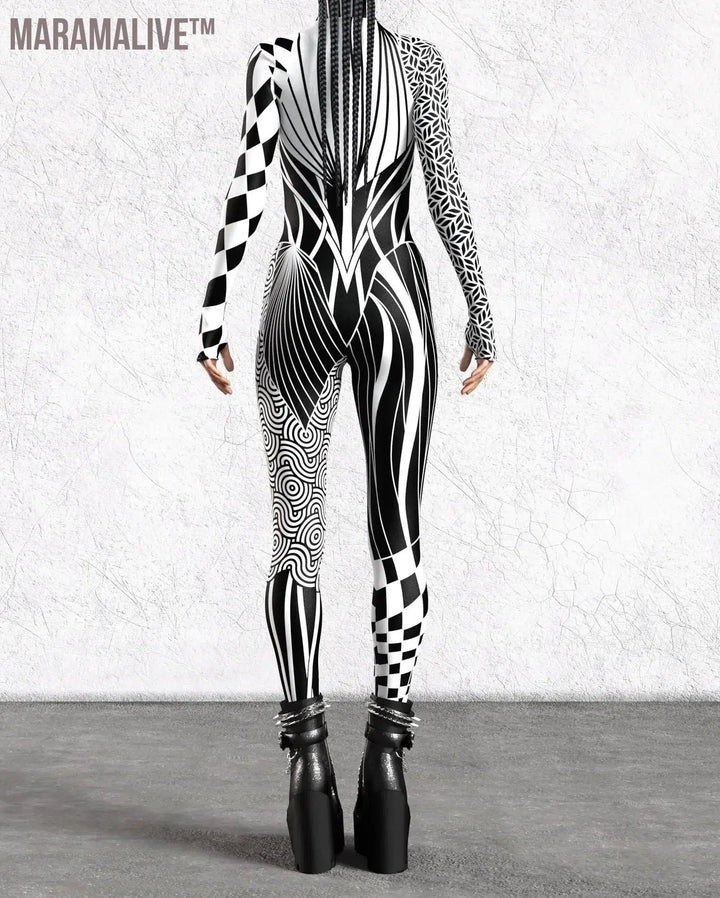 Black White Irregular Cyber Art Stripe Jumpsuit Holiday Party Cosplay Costume Halloween Shows Women Bodysuit Performance Zentai