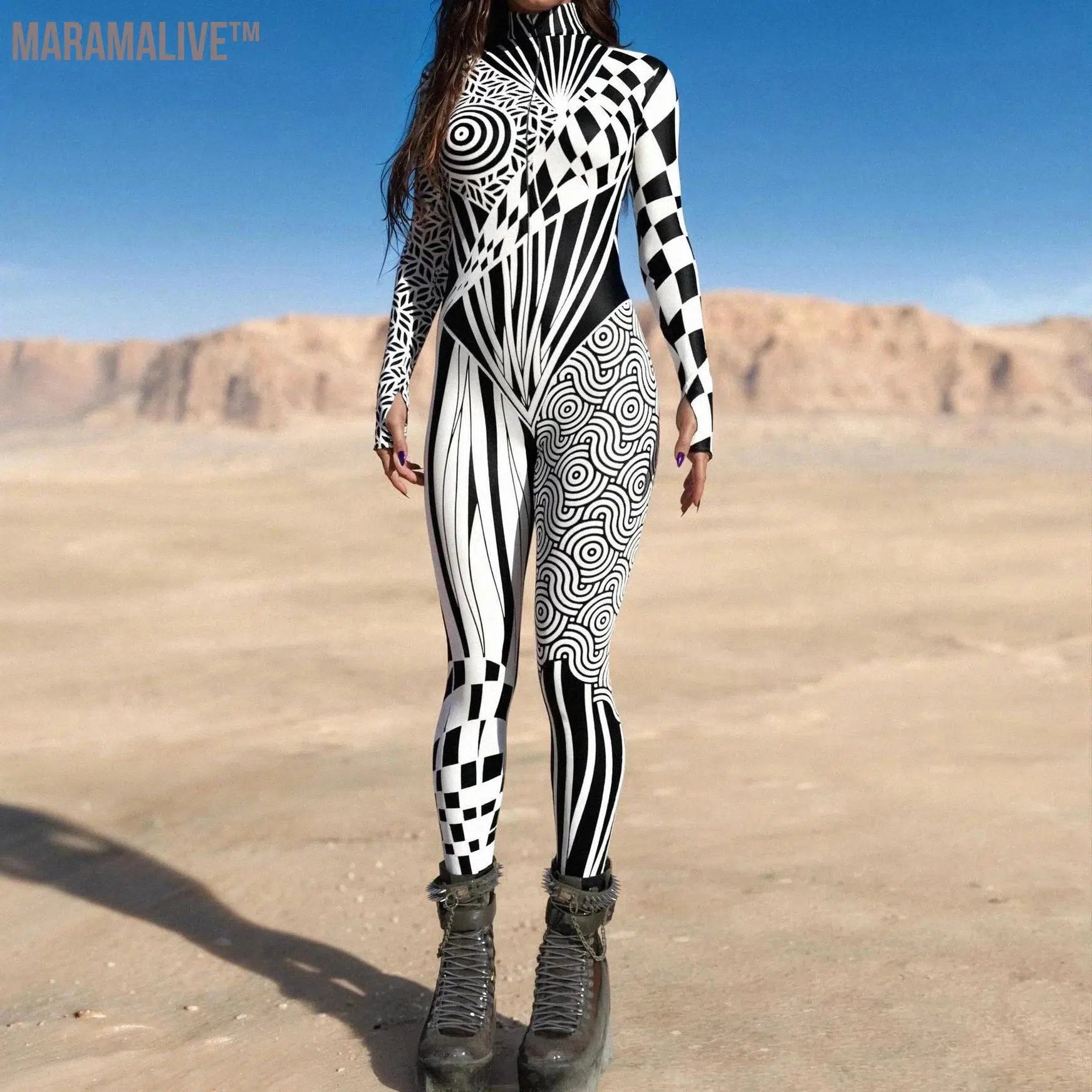 Black White Irregular Cyber Art Stripe Jumpsuit Holiday Party Cosplay Costume Halloween Shows Women Bodysuit Performance Zentai