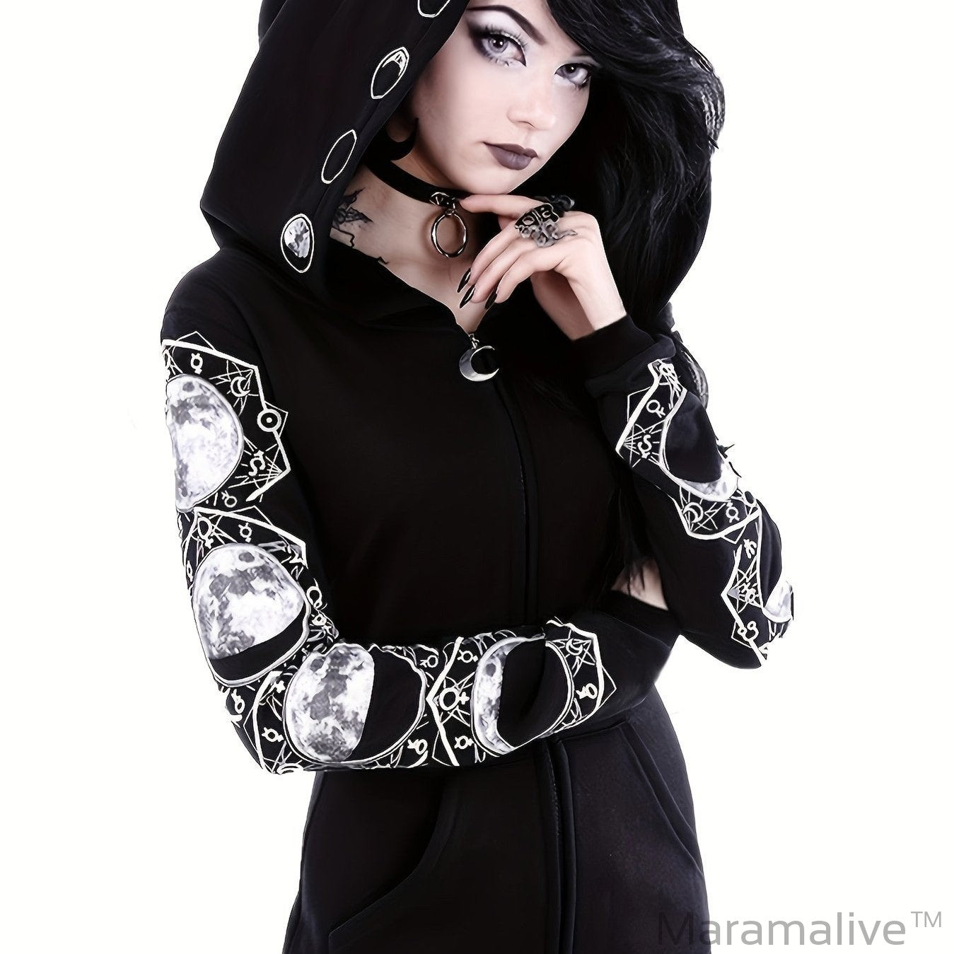 Black & White Moon Hoodie, Large Hooded Zip Up Front Pocket Sweater, Gothic Casual Tops, Women's Clothing