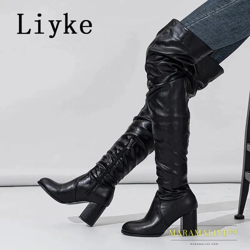 Black - Women's Boots Zip Over The Knee Thigh High Boots Fashion Pleated Leather Round Toe Square Heels Booties Shoes