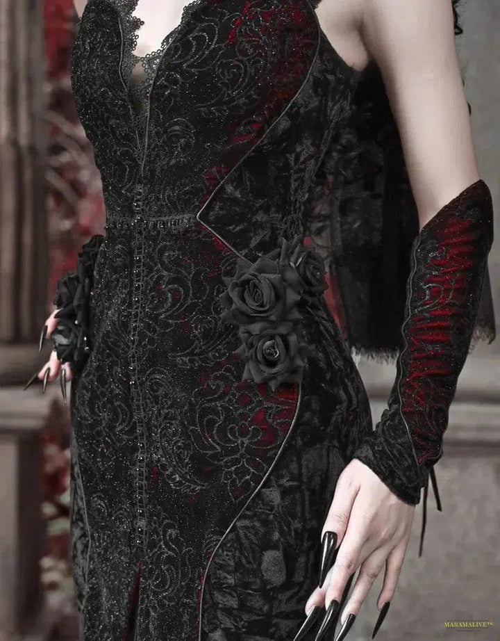 Blood Supply Original Design Vampire Black Red Dress Lace Patch Gothic Velvet Trumpet Sleeveless Sexy X-Long Dress Holloween