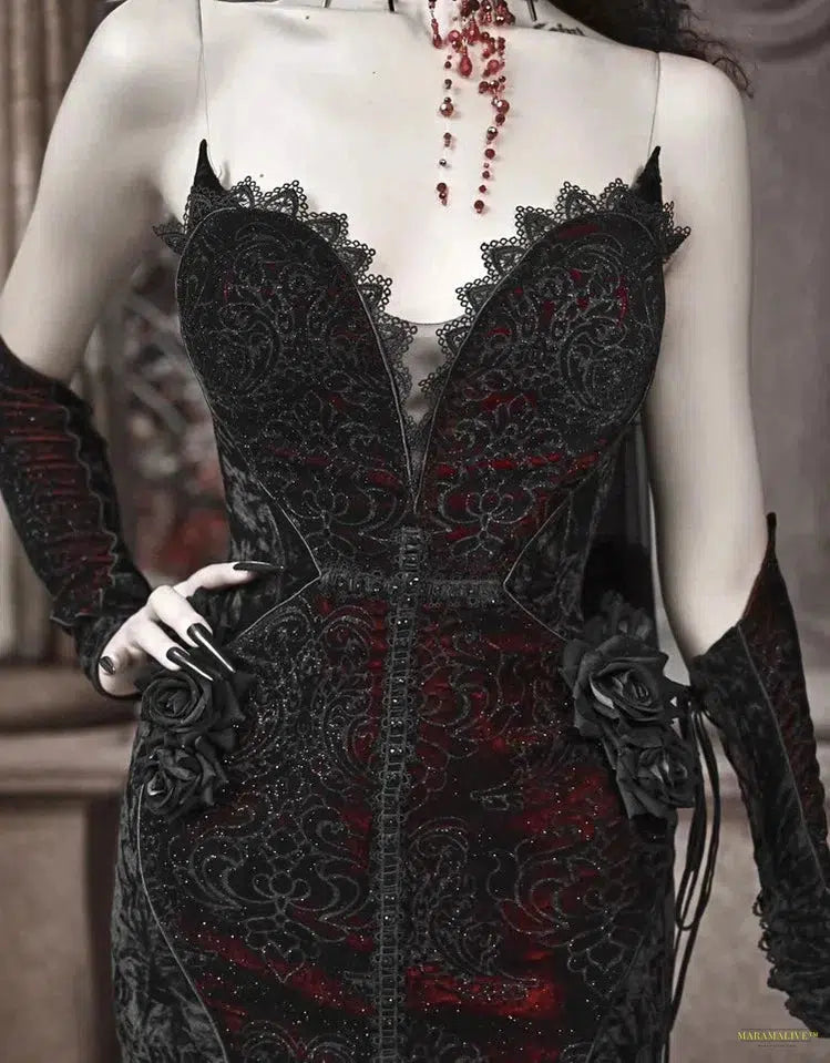 Blood Supply Original Design Vampire Black Red Dress Lace Patch Gothic Velvet Trumpet Sleeveless Sexy X-Long Dress Holloween