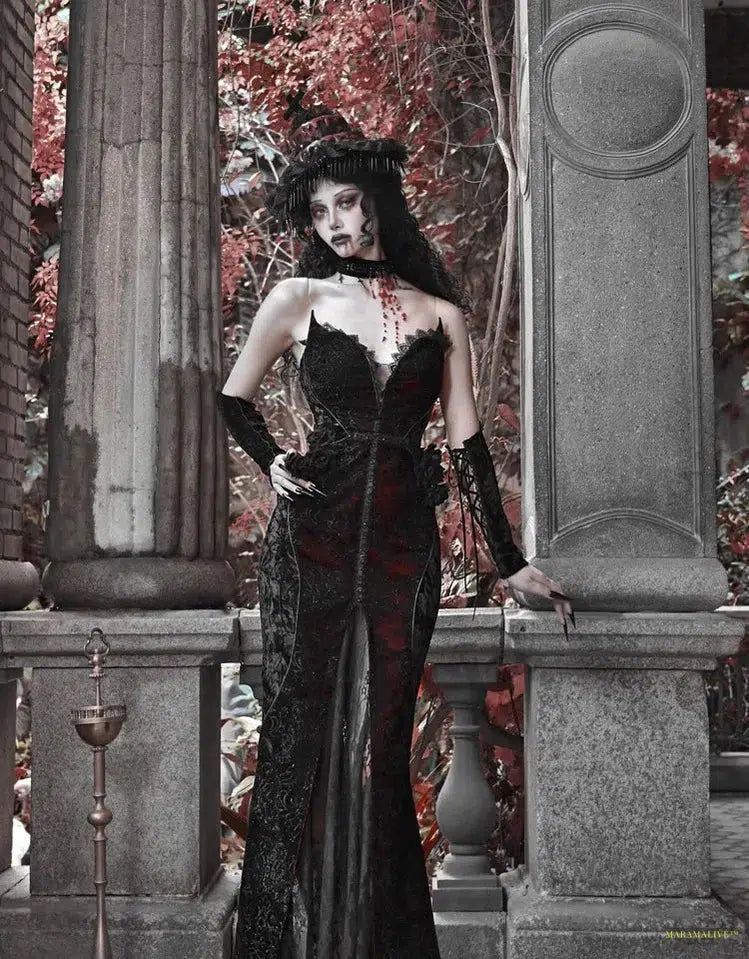 Blood Supply Original Design Vampire Black Red Dress Lace Patch Gothic Velvet Trumpet Sleeveless Sexy X-Long Dress Holloween