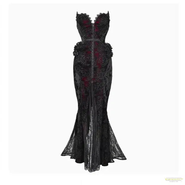 Blood Supply Original Design Vampire Black Red Dress Lace Patch Gothic Velvet Trumpet Sleeveless Sexy X-Long Dress Holloween