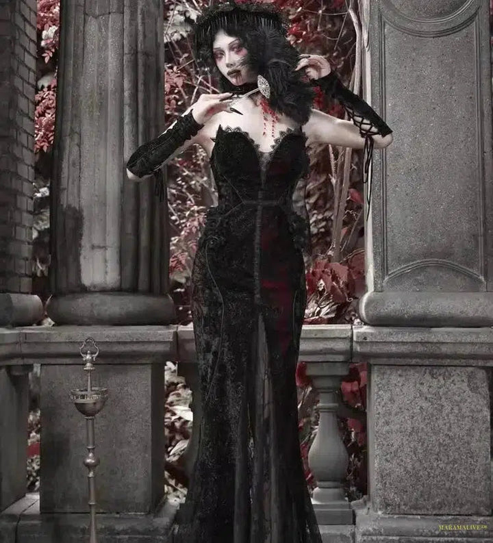 Blood Supply Original Design Vampire Black Red Dress Lace Patch Gothic Velvet Trumpet Sleeveless Sexy X-Long Dress Holloween