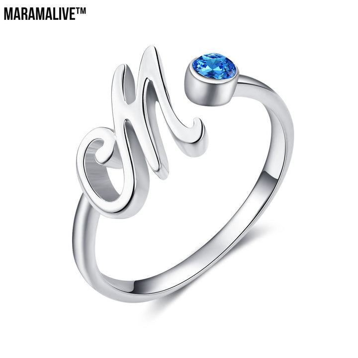 Blue Crystal Letter M Initial Alphabet Ring in 925 Sterling Silver