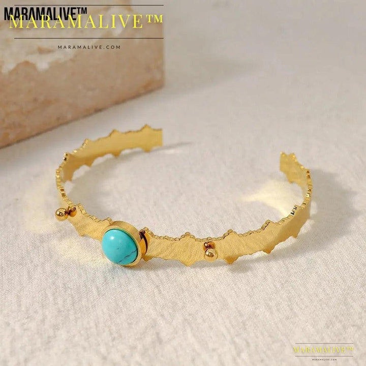 Blue Turquoise Natural Stone Edge Titanium Steel Electro-plated Bracelet