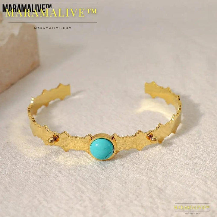 Blue Turquoise Natural Stone Edge Titanium Steel Electro-plated Bracelet