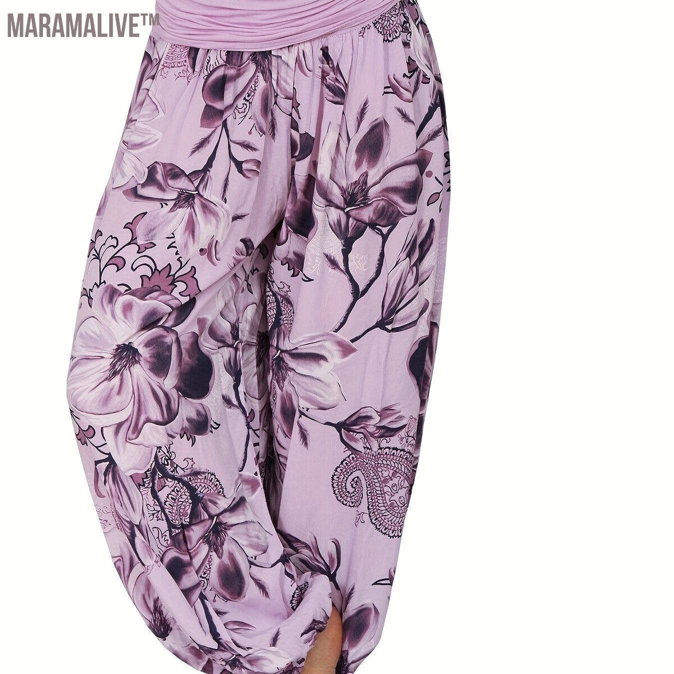 Boho Floral Print Ruched Harem Pants, Casual Bohemian Pants For Spring & Summer, Women's Clothing