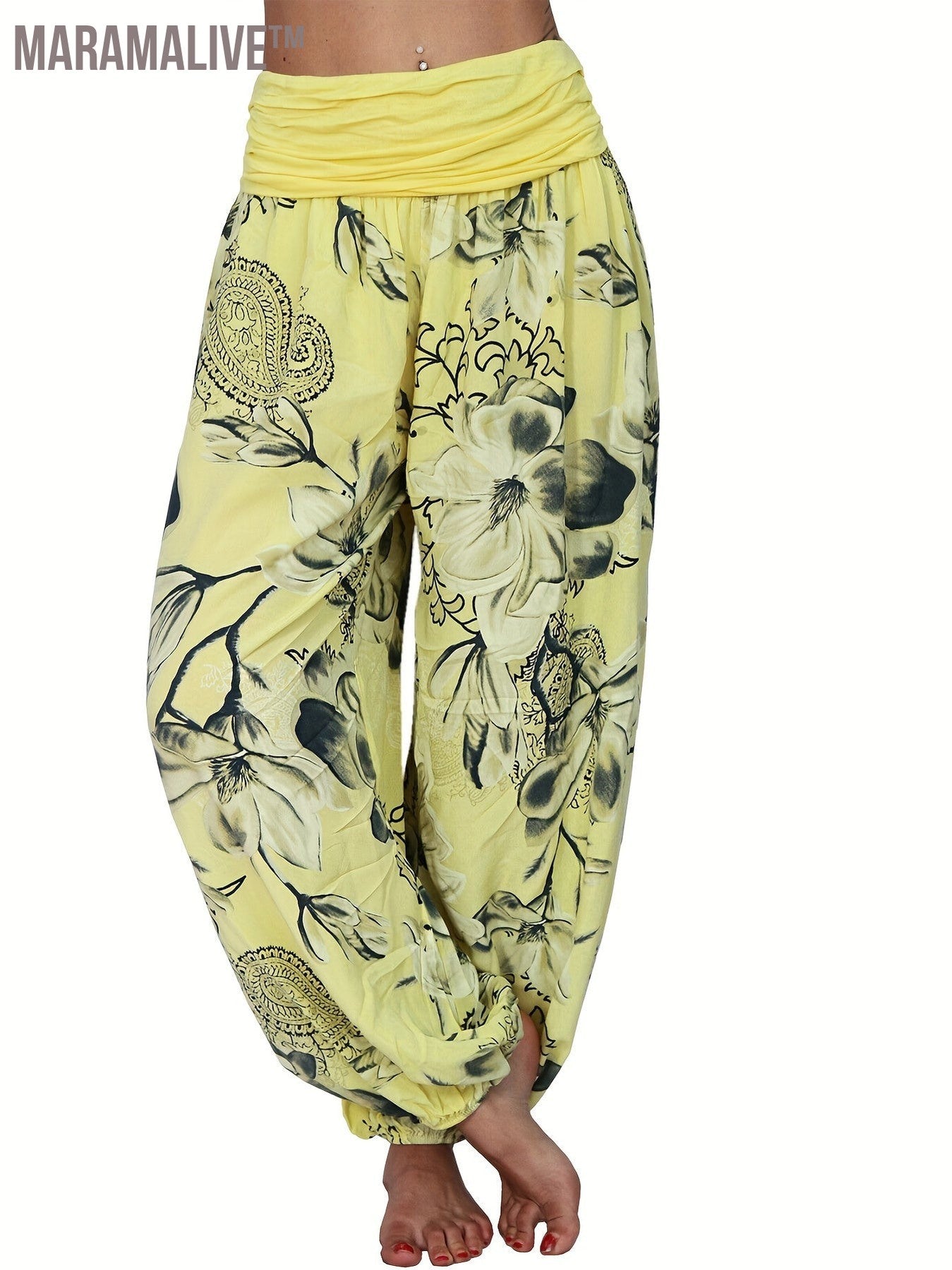 Boho Floral Print Ruched Harem Pants, Casual Bohemian Pants For Spring & Summer, Women's Clothing