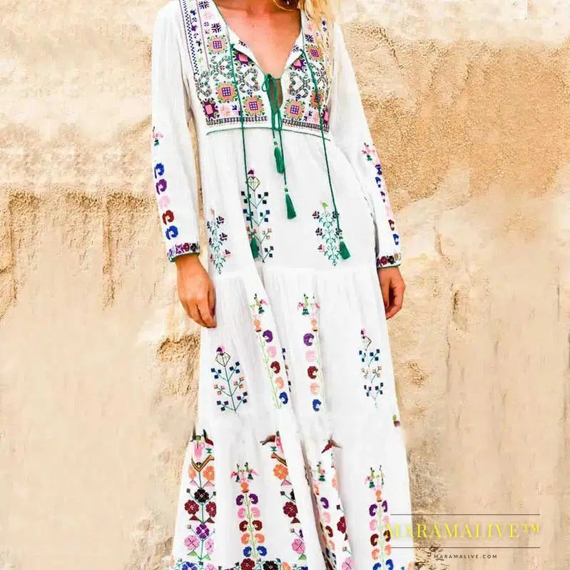 Boho Inspired floral embroidered long Sleeve white dress women V-neck tassel boho dress maxi chic style dress gypsy vestido 2020