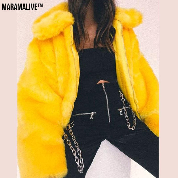 Bright Yellow Plunk Faux Fur Coat - Cool Fake Fur Jacket