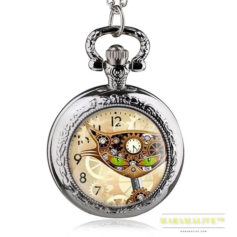 Bronze Vintage Steampunk Cat Locket Necklace Pocket Watch Pendant Gift