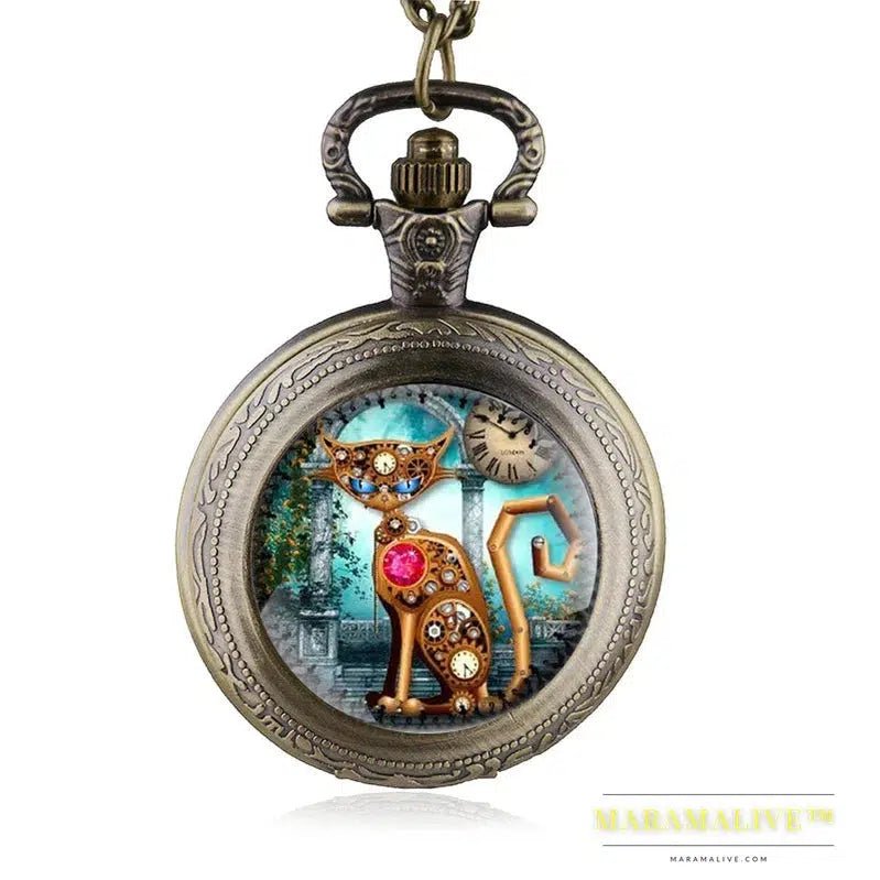 Bronze Vintage Steampunk Cat Locket Necklace Pocket Watch Pendant Gift