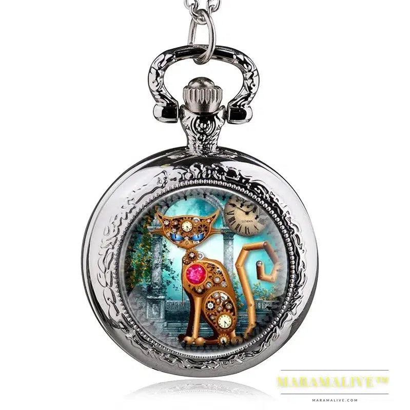 Bronze Vintage Steampunk Cat Locket Necklace Pocket Watch Pendant Gift