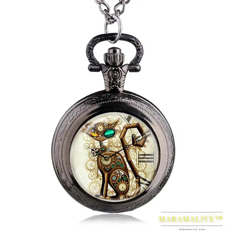 Bronze Vintage Steampunk Cat Locket Necklace Pocket Watch Pendant Gift