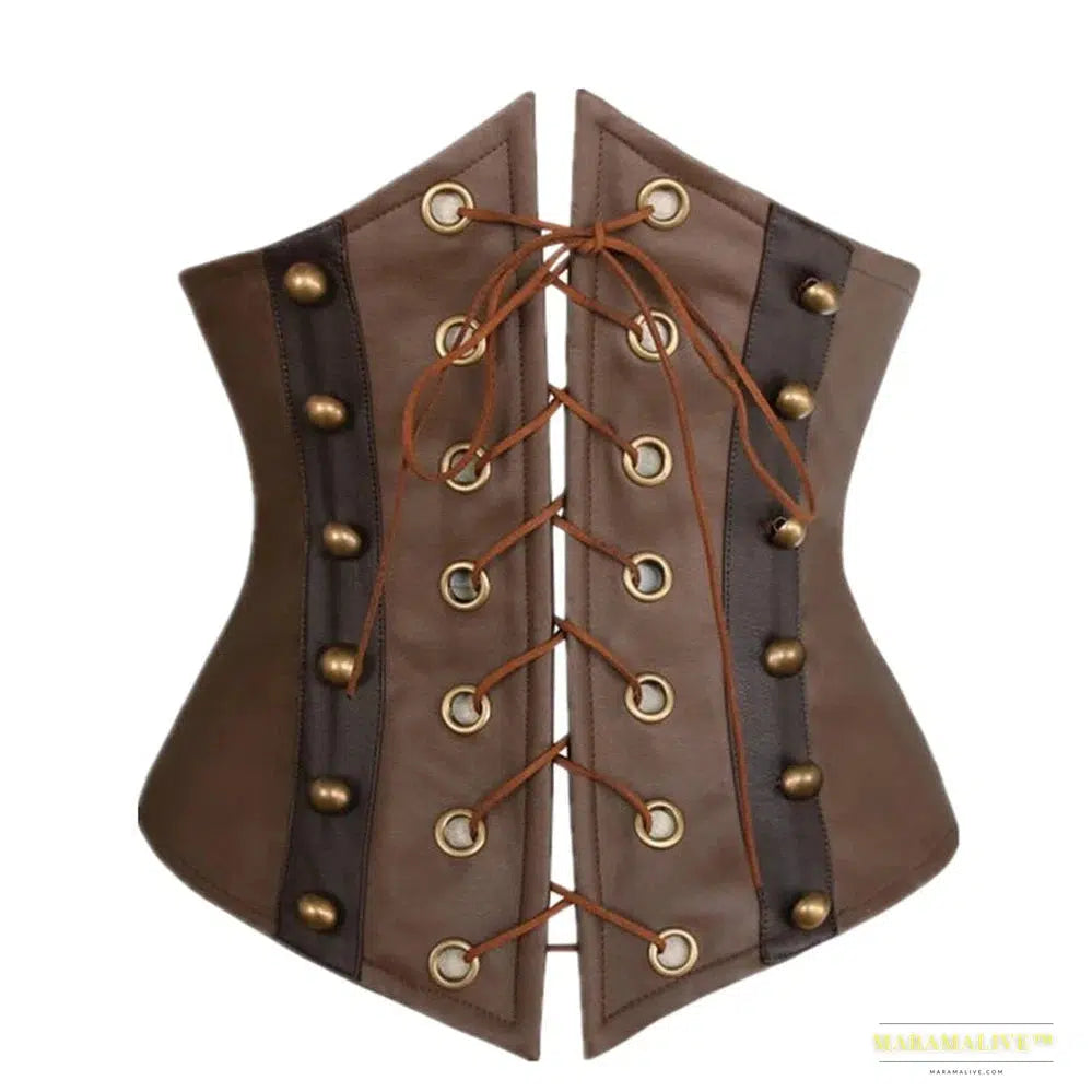 Brown Steampunk Gothic Leather Corset - Victorian Underbust Waist Cincher Bustier Pirate Costume