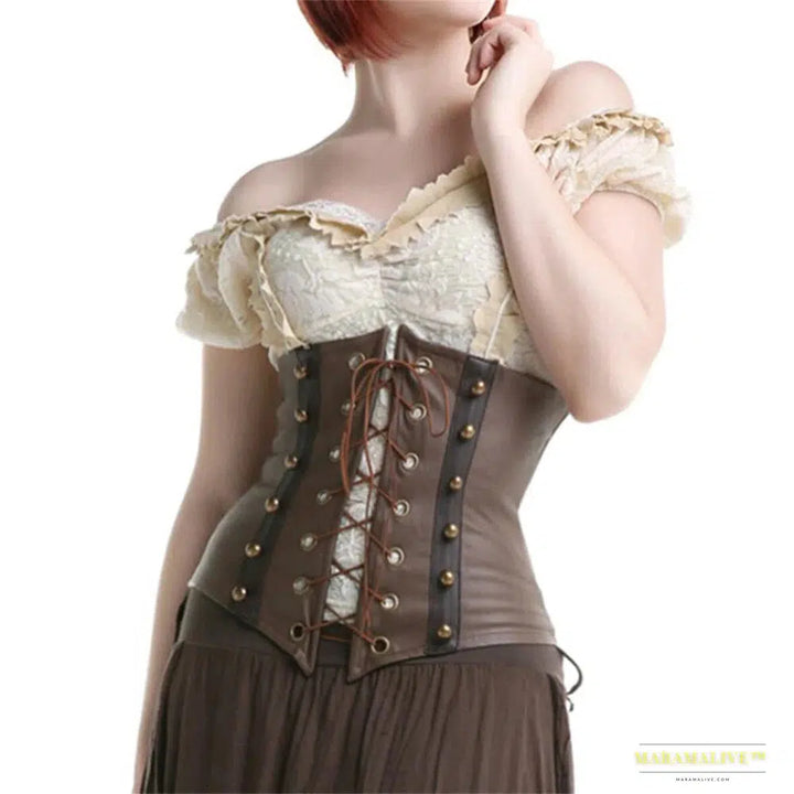 Brown Steampunk Gothic Leather Corset - Victorian Underbust Waist Cincher Bustier Pirate Costume