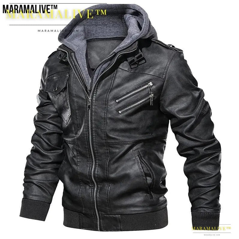 Casual Biker Faux Leather Jacket with Hood - Motorcycle Faux Leather Coat