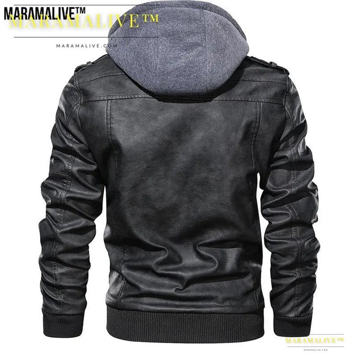 Casual Biker Faux Leather Jacket with Hood - Motorcycle Faux Leather Coat