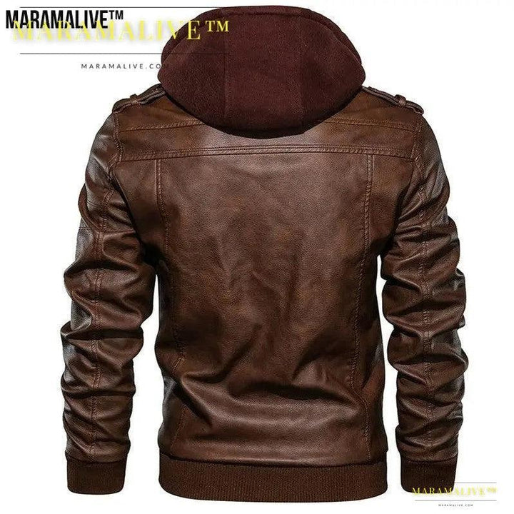 Casual Biker Faux Leather Jacket with Hood - Motorcycle Faux Leather Coat