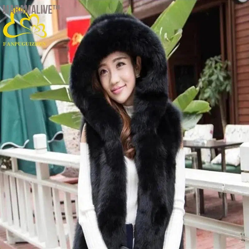 Casual Faux Fur Vest for Women Hooded Furry Jacket Warm Winter Outwear Plus Size New