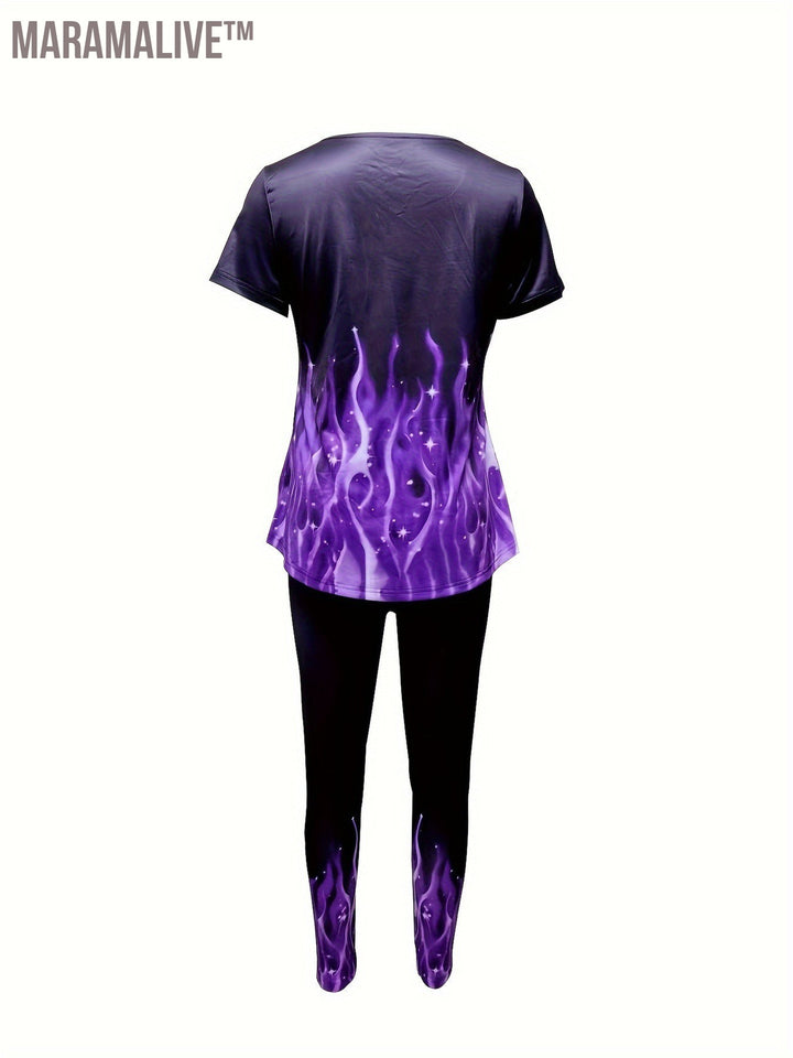 Casual Flame Print Two-piece Set, Short Sleeve Splicing Top & Stretchy Skinny Leggings Outfits, Women's Clothing