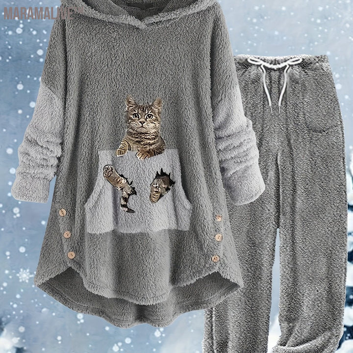 Casual Teddy Two-piece Set, Cute Cat Pattern Hooded Tops & Drawstring Warm Pants Outfits, Women's Clothing