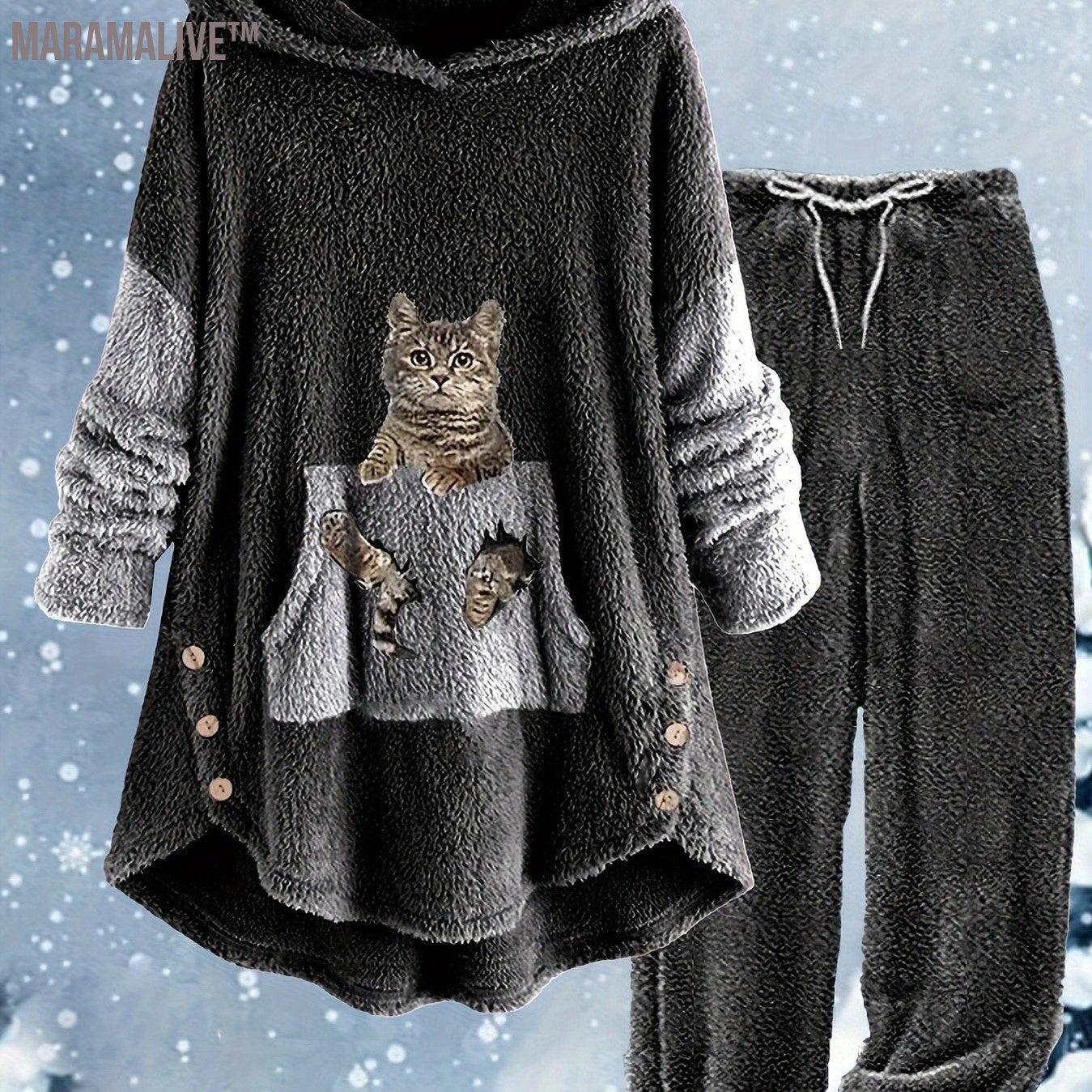 Casual Teddy Two-piece Set, Cute Cat Pattern Hooded Tops & Drawstring Warm Pants Outfits, Women's Clothing