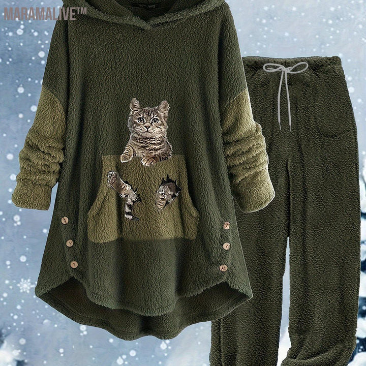 Casual Teddy Two-piece Set, Cute Cat Pattern Hooded Tops & Drawstring Warm Pants Outfits, Women's Clothing