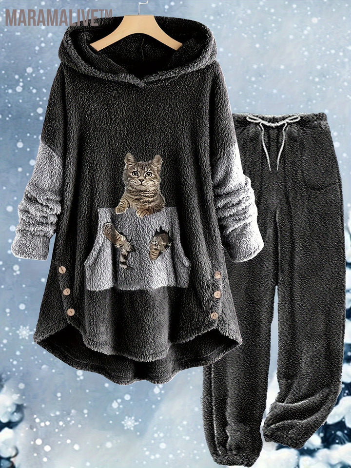 Casual Teddy Two-piece Set, Cute Cat Pattern Hooded Tops & Drawstring Warm Pants Outfits, Women's Clothing