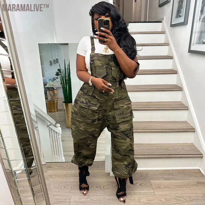 Casual Women's Camouflage Cargo Jumpsuit 2024 Summer Sleeveless Comfortable Fashion Ladies Wide Set Pants