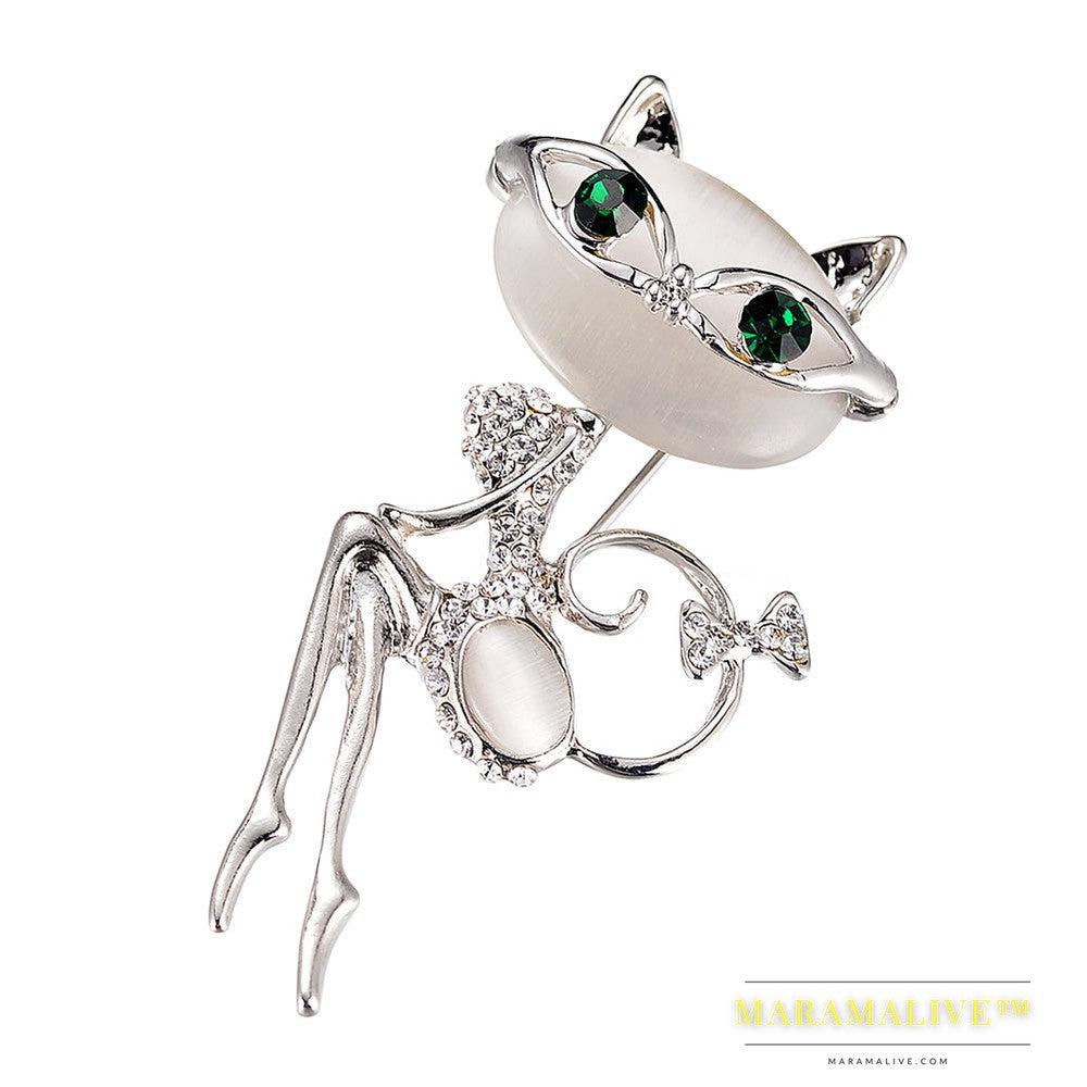 Cat Silver Brooches Rrhinestone Jewelry