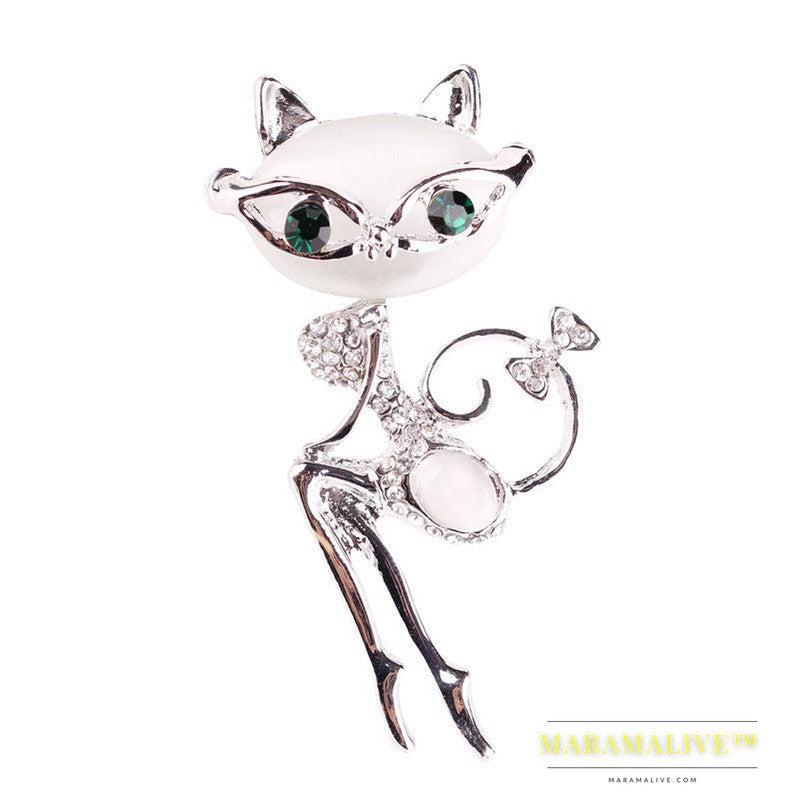 Cat Silver Brooches Rrhinestone Jewelry