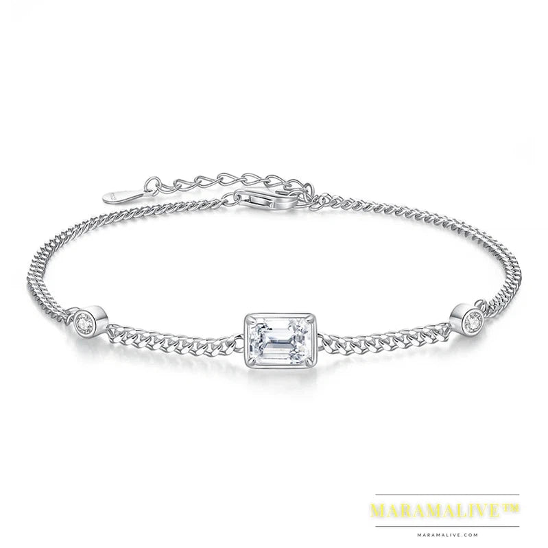 Chain Link Bracelet Moissanite 1CT Emerald Cut Real 925 Sterling Silver Women Luxury Trendy Hand Bracelets Jewelry