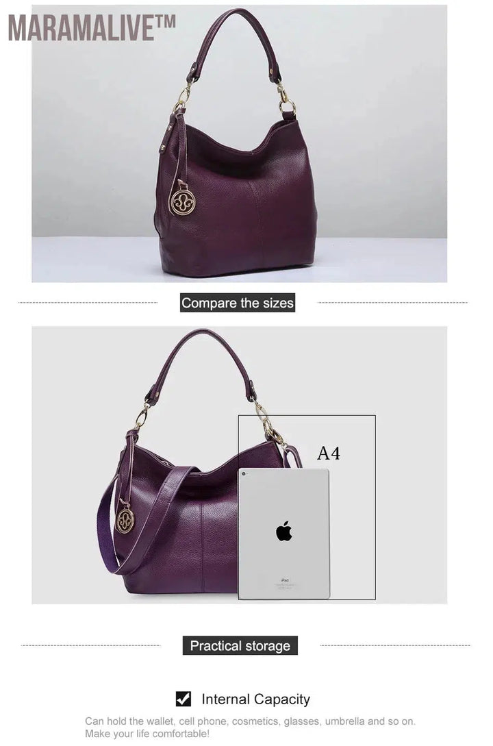 Charm Purple Women Shoulder Bag 100% Genuine Leather Hobos Fashion Lady Messenger Crossbody Purse Elegant Female Handbag